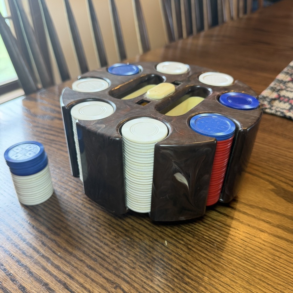 Vintage Bakelite Poker Chip Carousel Caddy Holder With Assorted  Chips